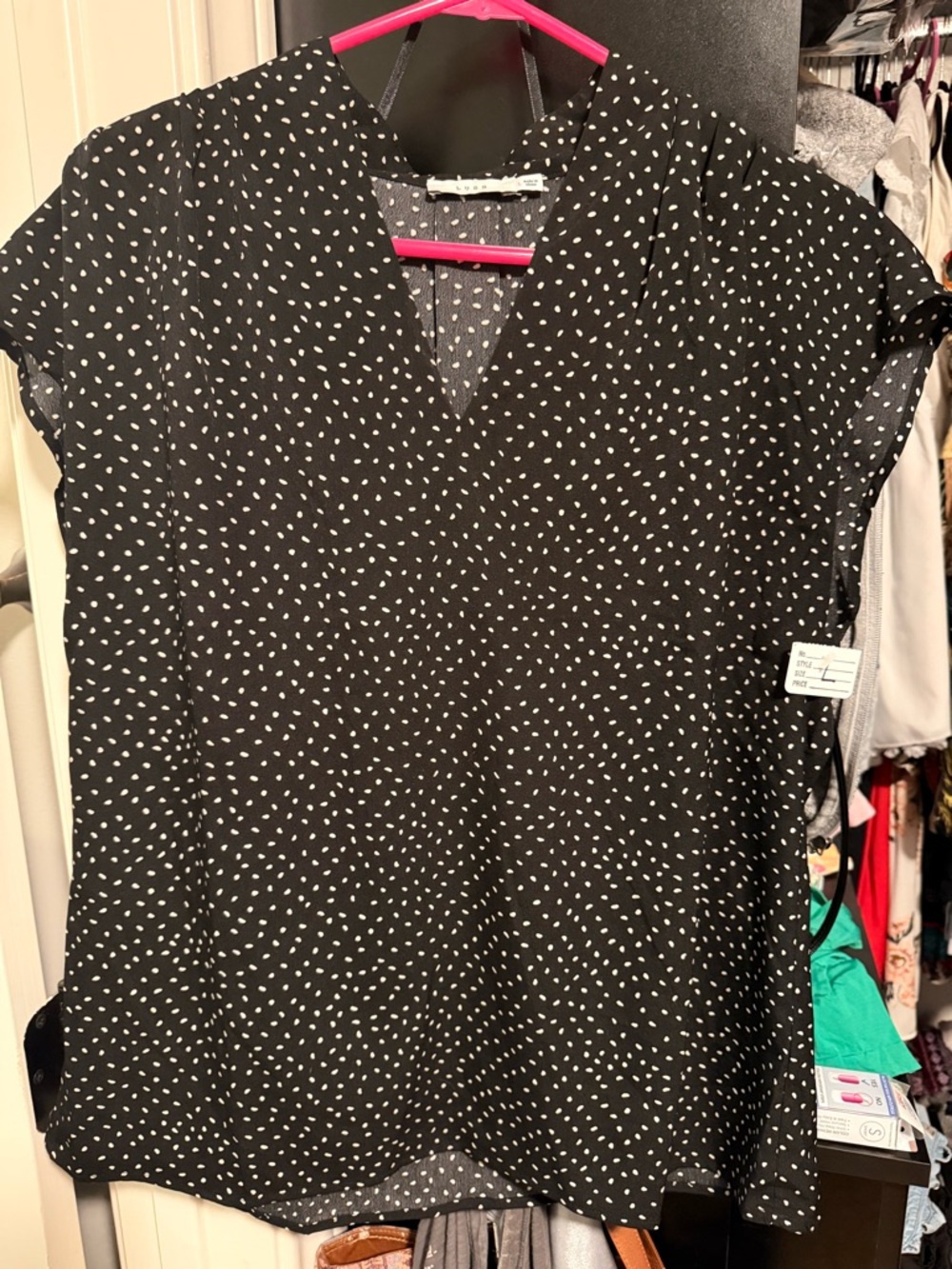 Lush Black Blouse with White Polka Dots